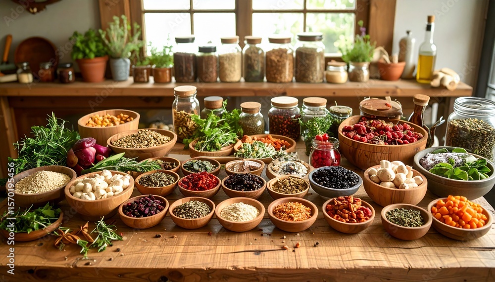 Fototapeta premium Abundant Harvest: A Rustic Table of Organic Spices and Ingredients