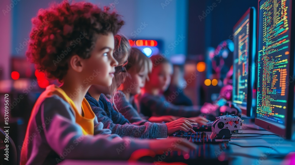 Obraz premium Kids coding! Focused young programmers collaborate on a vibrant, co