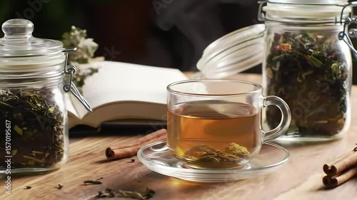 Pan Shot of Natural Herbal Teas with Dried Herbs and Wellness Book on Rustic Table