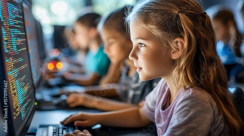 Focused young girl learning to code.