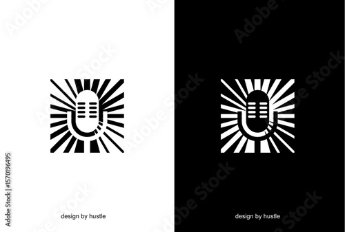 combination light logo with podcast mic ,podcast logo ,black and white background