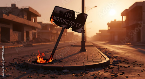 Desolate Urban Landscape Burning No Motorcycles Sign Post Apocalypse Setting