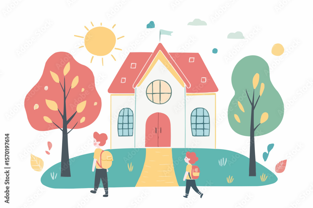 flat school scene with colorful building, trees, sun and children for nursery wall art, packaging, back to school prints and DIY crafts flat school scene with colorful building, trees, sun and children for nursery wall art, packaging, back to school prints and DIY crafts