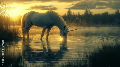 Magical Unicorn Drinking from Clear Lake at Twilight, Surrounded by Mist and Natures Beauty