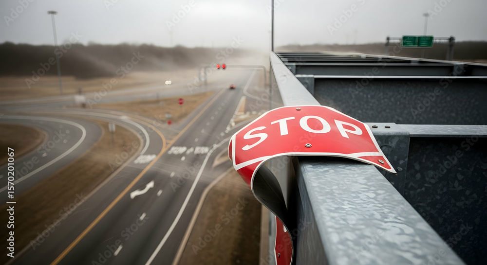 Obraz premium Distorted Stop Sign On Overpass Bridge Overlooking Interstate Highway On Cloudy Day