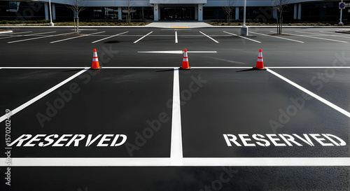 Empty Reserved Parking Spaces with Orange Safety Cones in An Asphalt Lot