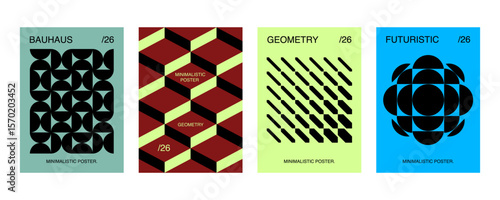 Posters with silhouette minimalistic basic figures, extraordinary graphic assets of geometrical shapes. Trendy bauhaus pattern backgrounds.