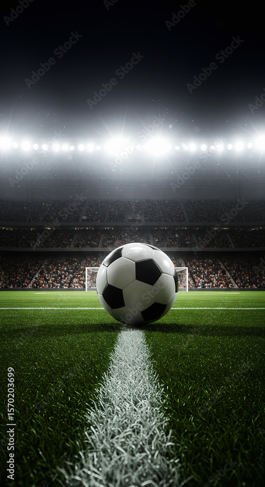 Obraz premium Vintage Soccer Ball Flying Towards the Goal with Motion Blur and Stadium Lights