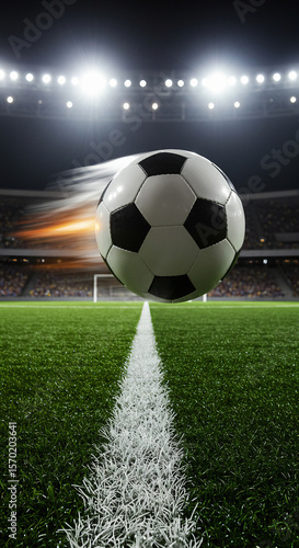 Vintage Soccer Ball Flying Towards the Goal with Motion Blur and Stadium Lights
