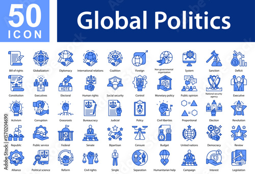Global Politics Icon Collection Set.  Bill of rights,Globalization,Diplomacy,International relations,Coalition,Foreign,Non governmental organization,System,Sanction,Deficit,Constitution,Executives