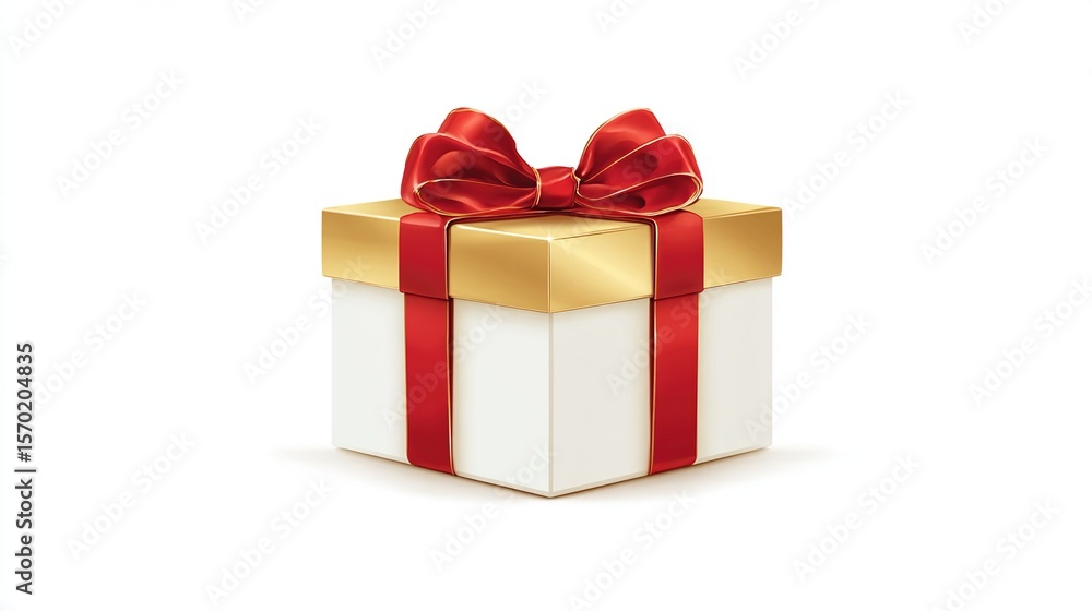 Obraz premium Pristine gift box with a striking red bow atop, centered on a clean white surface