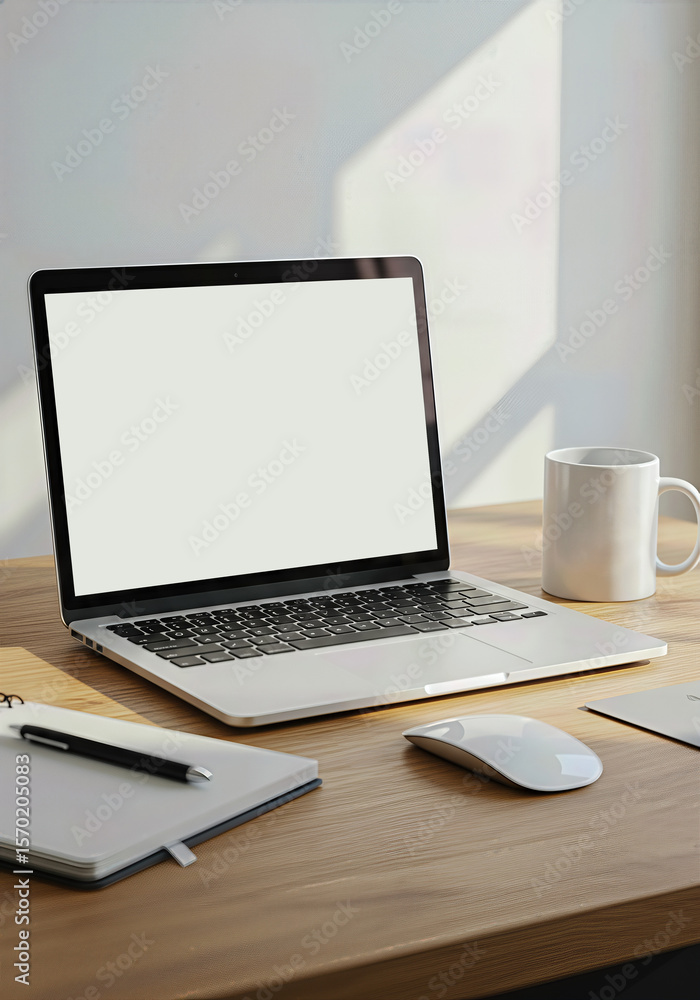 Fototapeta premium A laptop mockup with a blank screen on a clean white desk. A modern home office or business workspace concept for remote work, professional presentations, or website design.