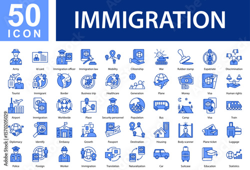 Immigration Icon Collection Set.  Army,Id card,Immigration officer,Immigration law,Mobility,Citizenship,War,Rubber stamp,Expatriate,Discrimination,Tourist,Immigrant,Border,Business trip,Healthcare