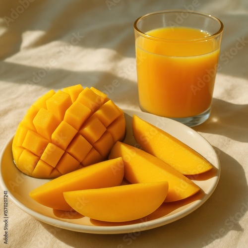 Freshly sliced mango and juice on sunlit table