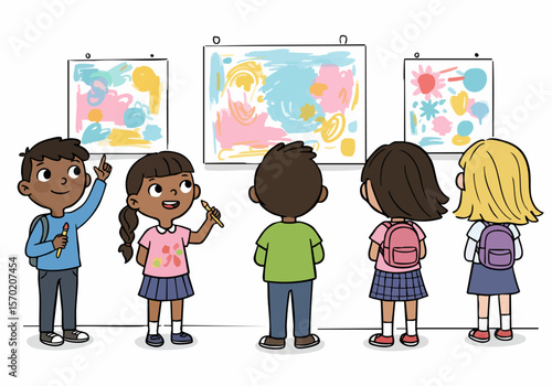 Diverse children excitedly viewing abstract art displayed on a wall, like in an art gallery or exhibition.