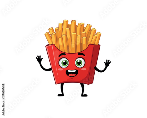 Cute cartoon french fries mascot with smiling face and arms raised, isolated on white background.