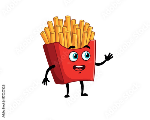 Cute cartoon french fries mascot with smiling face and arms raised, isolated on white background.