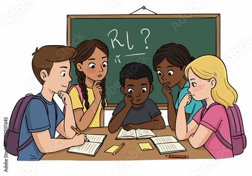 Diverse group of children studying together at a table, looking confused and thoughtful about a question on the chalkboard during a school lesson.