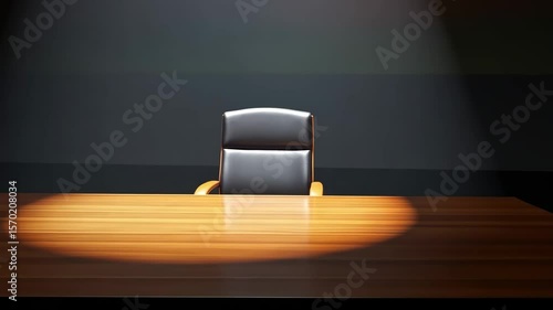 An empty office desk and chair under a spotlight creates a mysterious atmosphere for corporate themes