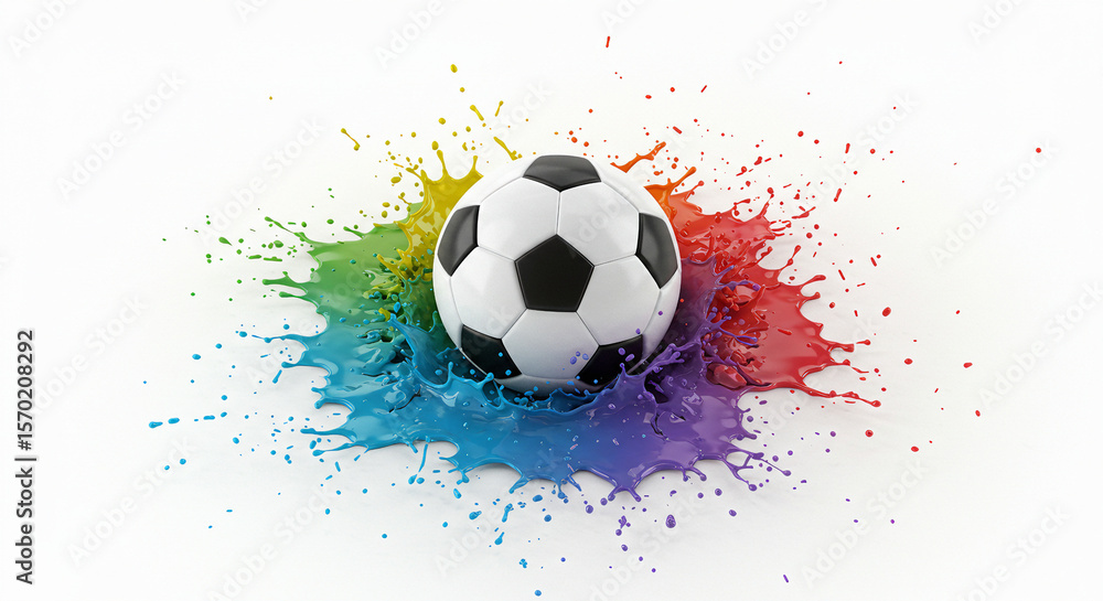 Fototapeta premium Abstract 3D Render of a Soccer Ball Splashing into Colorful Paint