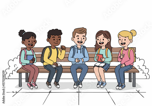 Diverse students on a park bench, reading books, with backpacks, back to school concept illustration.