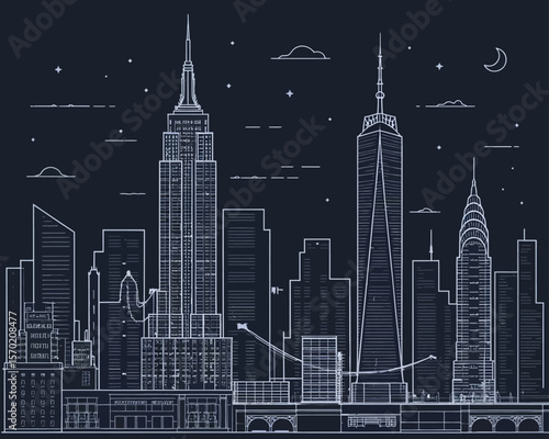 Vector illustration of a cityscape skyline line in New York City.