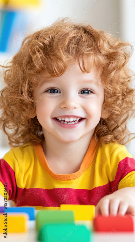 Young child with curly hair smiling, wearing a colorful striped shirt, playing with bright blocks. Joyful childhood, playtime, happiness Young child with curly hair smiling, wearing a colorful striped shirt, playing with bright blocks. Joyful childhood, playtime, happiness