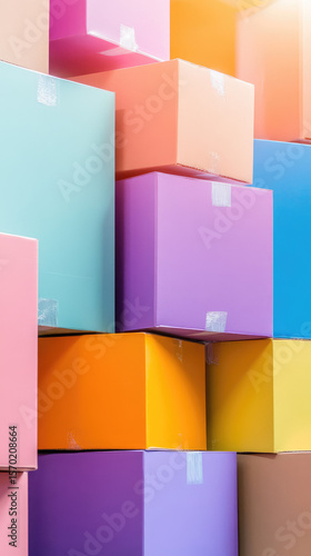 Colorful cardboard boxes stacked on top of each other, creating a vibrant pattern. Concept: organization, storage, or shipping