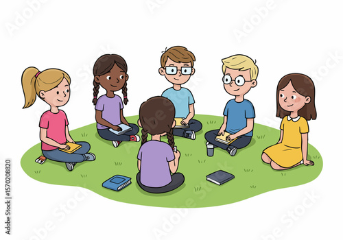 Diverse group of children sitting in a circle on the grass reading and discussing books outdoors
