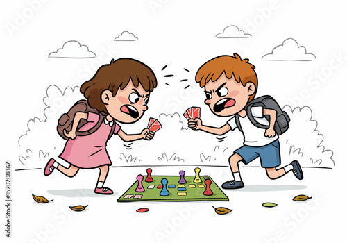 Illustration of two young children, a boy and a girl, arguing fiercely while playing a board game with cards.