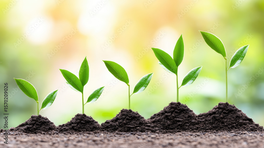 Five young green plants are growing in a row from small mounds of soil. Growth and development concept Five young green plants are growing in a row from small mounds of soil. Growth and development concept