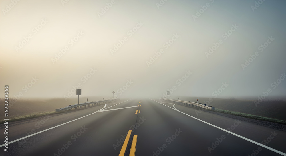 Fototapeta premium Eerie Highway Through Dense Fog And Low Visibility Landscape Photography