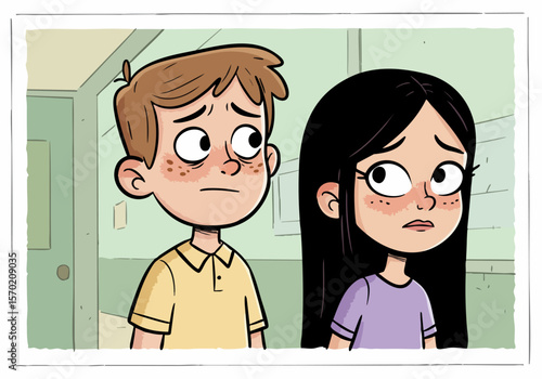 Two anxious kids stand in a hallway, looking worried and uncomfortable, possibly facing a challenge or difficult situation at school.