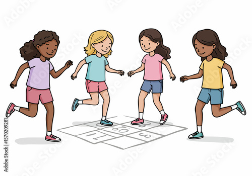 Diverse group of happy young girls playing hopscotch together outdoors, enjoying a classic childhood game.