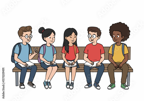 Cartoon illustration of a diverse group of students sitting on a bench, reading and interacting.