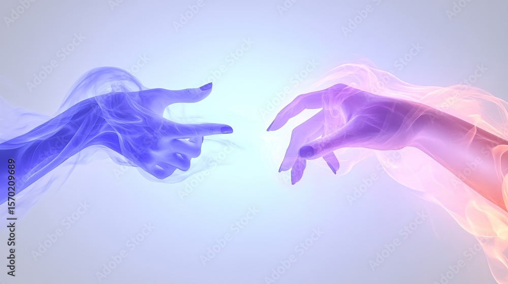 Obraz premium Two ethereal hands, tinged with vibrant hues, reach towards each other, suggesting connection and communion in a soft, pastel light