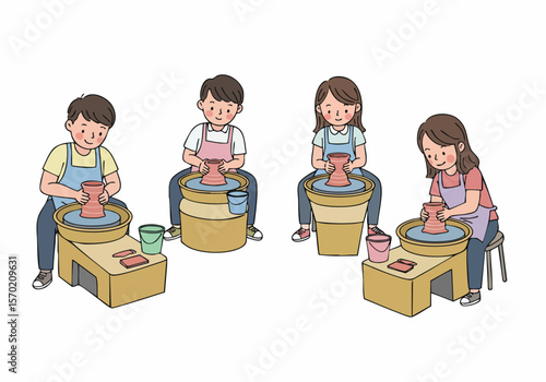 Illustration of a group of adults enjoying a pottery workshop, learning to shape clay pots on spinning wheels during a creative and fun craft class.