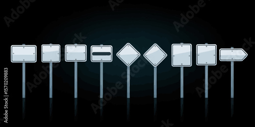 Realistic Road Traffic Sign Template Set – Vector Collection of Highway and Street Sign Designs – Editable Symbols for Transportation, Navigation, Driving, and Safety Illustration Projects

