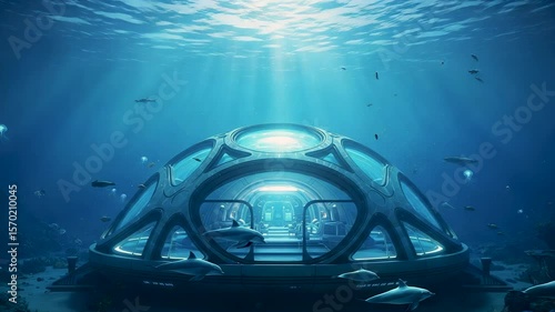Ocean base module rests among corals, base radiates blue glow, engineers monitor life support inside resilient base shelter. Concept aquatic colony