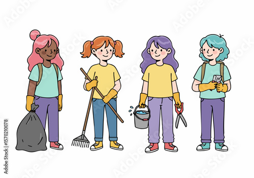 Illustrated group of diverse kids volunteering for a cleanup or gardening activity, holding tools like a trash bag, rake, bucket, and shears.
