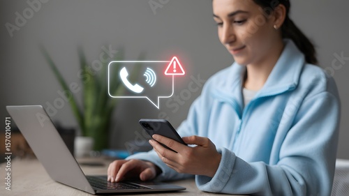 Woman Receiving Spam Call Warning On Smartphone Scam Alert Cybersecurity Concept Mobile Fraud Protection Online Security Digital Safety Awareness


