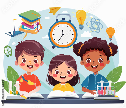 Flat vector diverse children doing math, reading, and science experiments 
