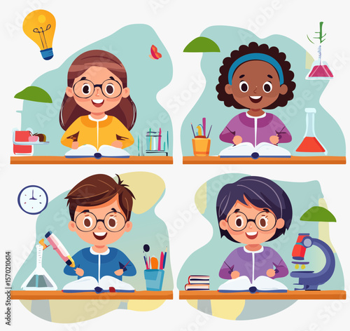 Firefly Flat vector set of diverse children doing math, reading, and science experiments — simple ca