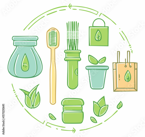 Firefly Vector icons of zero waste swaps- bamboo toothbrush, beeswax wrap, reusable produce bag, com