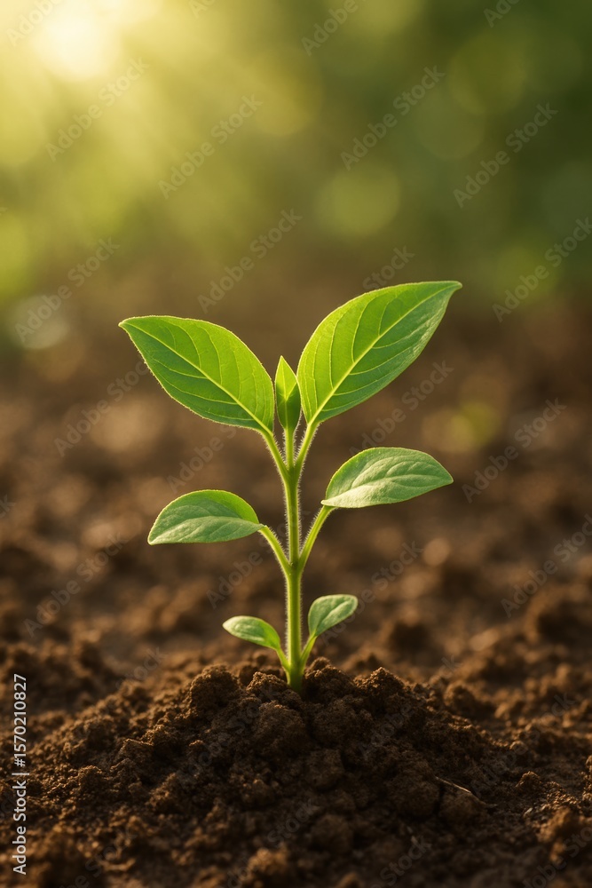 Fototapeta premium Young green plant sprouting in sunlit soil