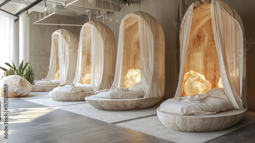 Modern salt therapy room with cozy relaxation pods