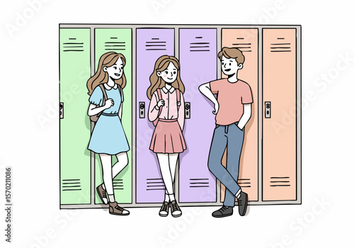 Simple illustration of happy teenage school friends socializing and leaning against lockers in a school hallway.
