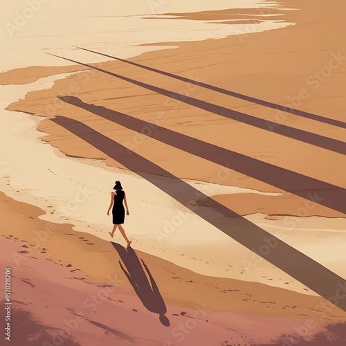 Woman Walking Towards Long Shadows: A Journey of Choice and Uncertainty