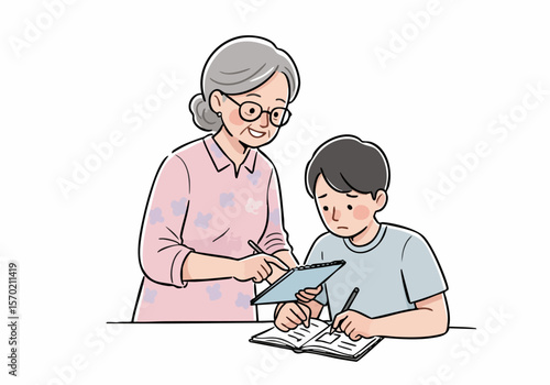 Caring grandmother helping her grandson with homework, providing support and guidance as he studies at a table at home.