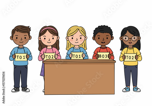 Diverse group of children participating in a school quiz, test, or competition, holding up signs with answers or scores in a cute illustration.